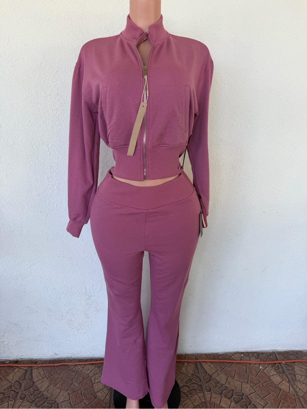 iris Mauve Zip-Front Cropped Jacket & Flared Pants Set